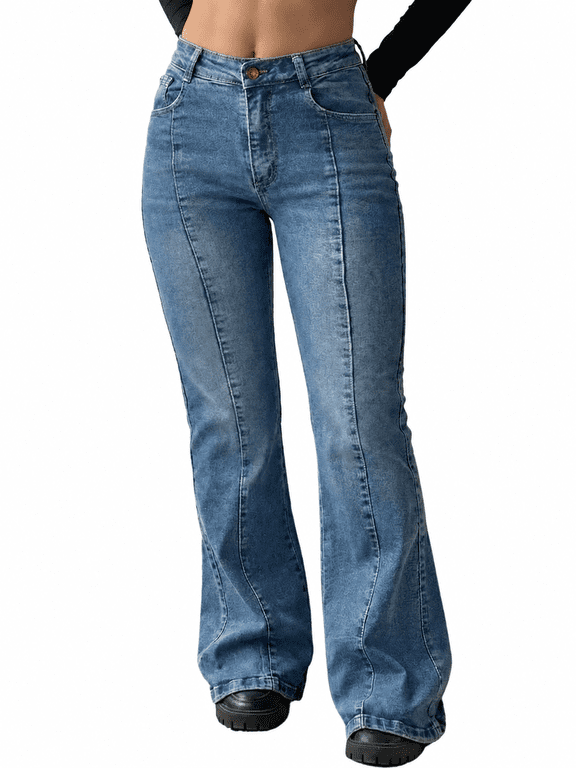Women's Mid-High Waist Stretchy Flare Bell Bottoms Jeans Y2K Vintage Washed Bootcut Denim Pants for Casual,Streetwear