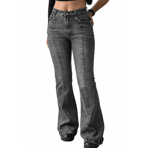 EMMIOL Women's Mid-High Waist Stretchy Flare Bell Bottoms Jeans Y2K Vintage Washed Bootcut Denim Pants for Casual,Streetwear