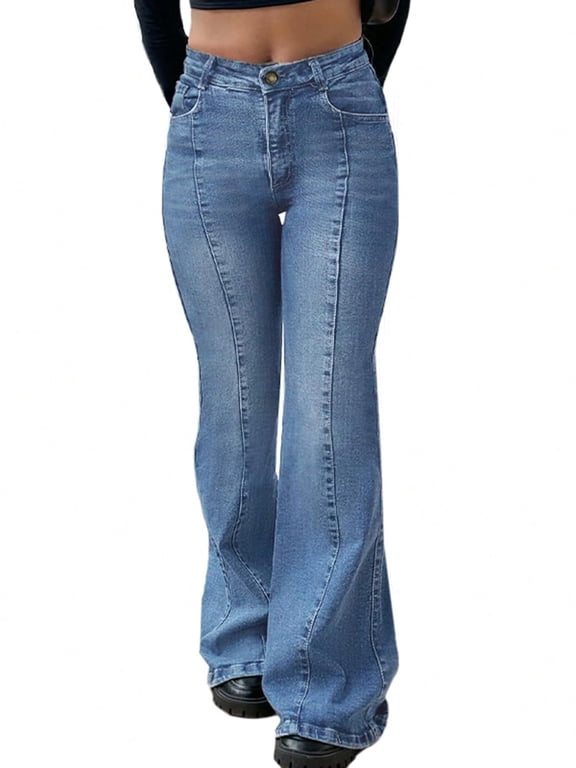 Women's Mid-High Waist Stretchy Flare Bell Bottoms Jeans Y2K Vintage Washed Bootcut Denim Pants for Casual,Streetwear