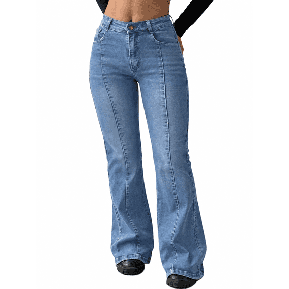 EMMIOL Women's Mid-High Waist Stretchy Flare Bell Bottoms Jeans Y2K Vintage Washed Bootcut Denim Pants for Casual,Streetwear