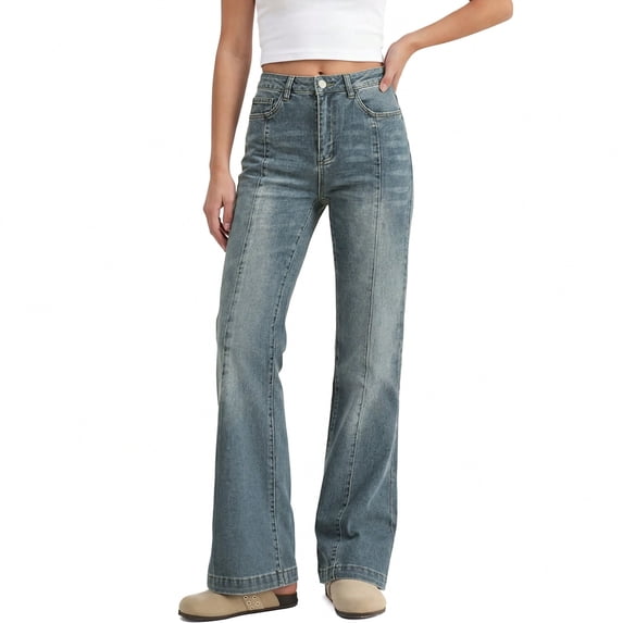 EMMIOL Women's Mid-High Waist Stretchy Flare Bell Bottoms Jeans Y2K Vintage Washed Bootcut Denim Pants for Casual,Streetwear