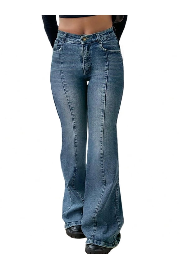 Women's Mid-High Waist Stretchy Flare Bell Bottoms Jeans Y2K Vintage Washed Bootcut Denim Pants for Casual,Streetwear