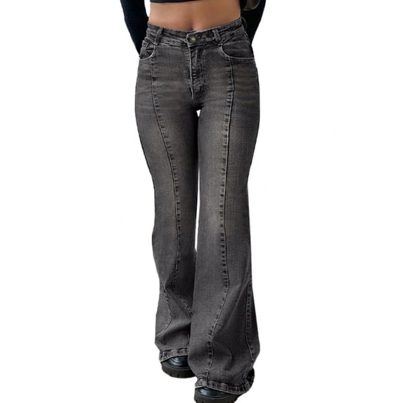 EMMIOL Women's Mid-High Waist Stretchy Flare Bell Bottoms Jeans Y2K Vintage Washed Bootcut Denim Pants for Casual,Streetwear
