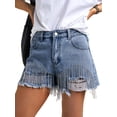 thumbnail image 1 of EMMIOL Women's Mid-Low Rise Distressed Denim Shorts - Rhinestones Fringe Summer Jorts, 1 of 5
