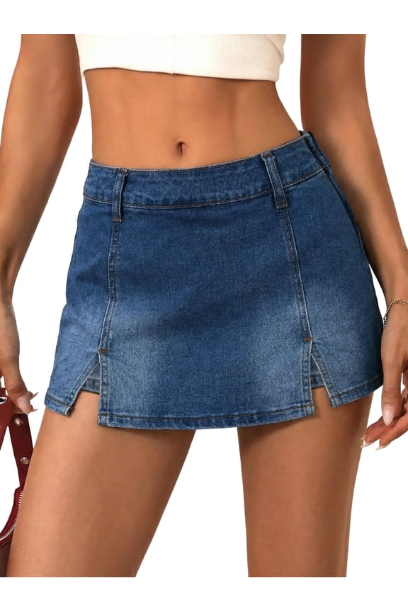 EMMIOL Women's Mid-Low Waisted Stretch Denim Mini Skort Y2K Casual Jean Skirt with Built-in Shorts