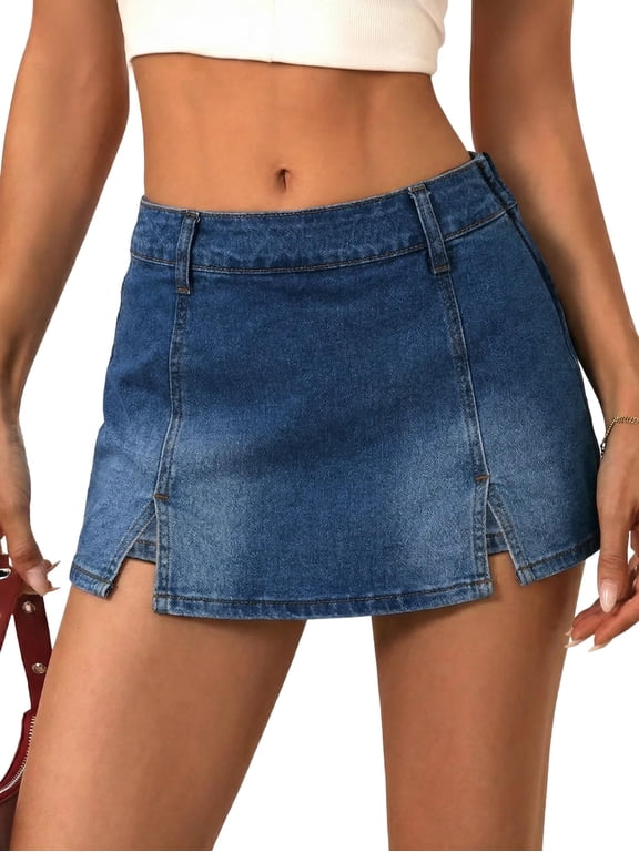 Women's Mid-Low Waisted Stretch Denim Mini Skort Y2K Casual Jean Skirt with Built-in Shorts