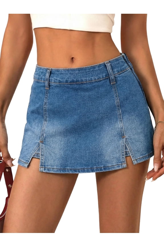 EMMIOL Women's Mid-Low Waisted Stretch Denim Mini Skort Y2K Casual Jean Skirt with Built-in Shorts