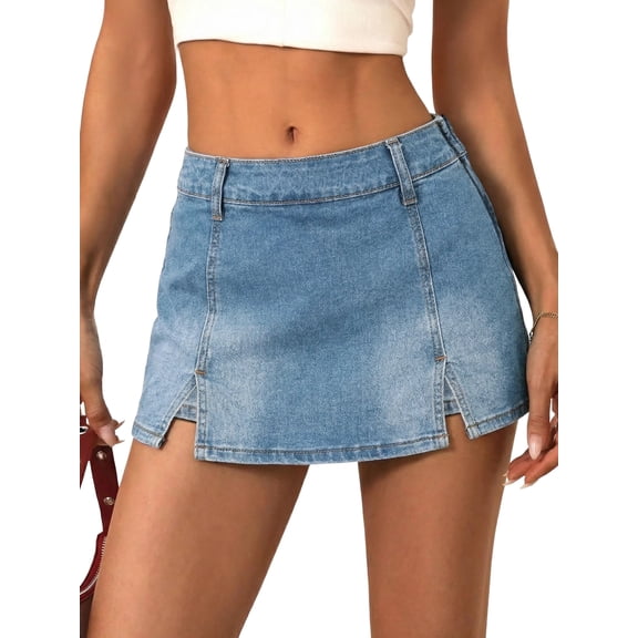 EMMIOL Women's Mid-Low Waisted Stretch Denim Mini Skort Y2K Casual Jean Skirt with Built-in Shorts