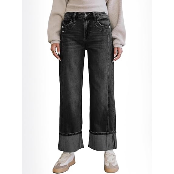 EMMIOL Women's Mid Rise Boyfriend Patchwork Straight & Wide Leg Denim Pants Trendy 2026 Jeans