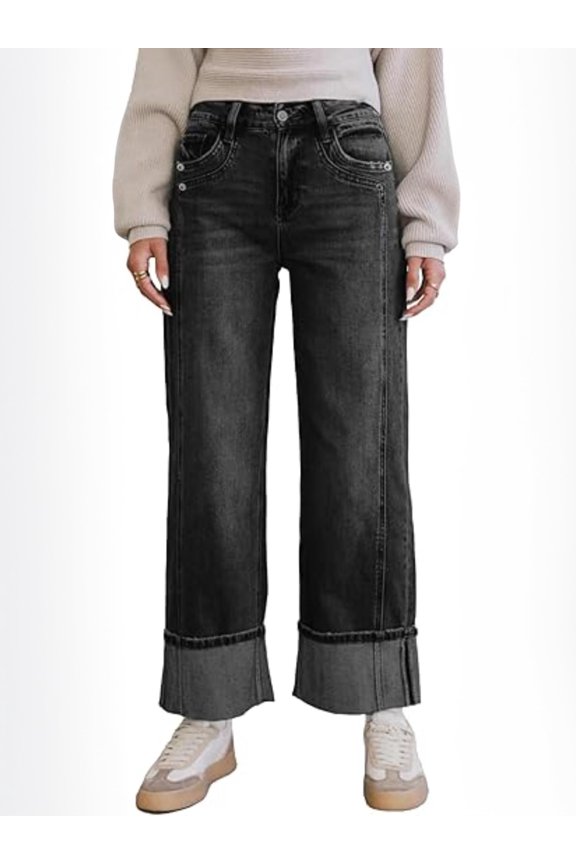 EMMIOL Women's Mid Rise Boyfriend Patchwork Straight & Wide Leg Denim Pants Trendy 2026 Jeans