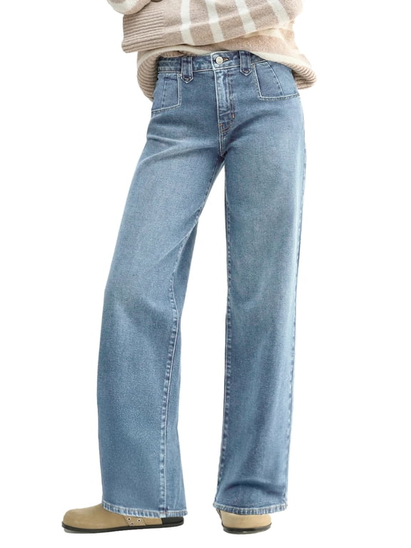 Women's Mid-Rise Stretchy Baggy Jeans Trendy Y2K Straight Leg Boyfriend Jeans Loose Fit Wide Leg Casual Denim Trousers