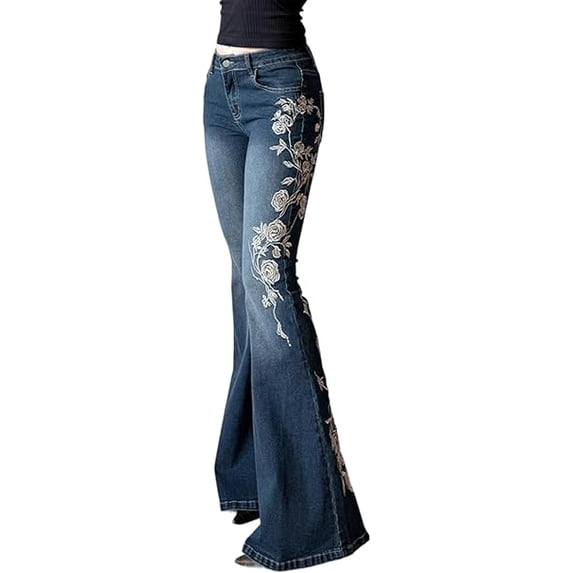 EMMIOL Women's Mid-Rise Stretchy Flare Bell Bottom Jeans Vintage 90s Y2K Floral Embroidery Denim Pants