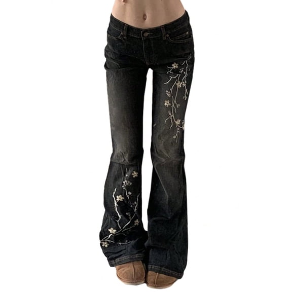 EMMIOL Women's Mid-Rise Stretchy Flare Bell Bottom Jeans Vintage 90s Y2K Floral Embroidery Denim Pants