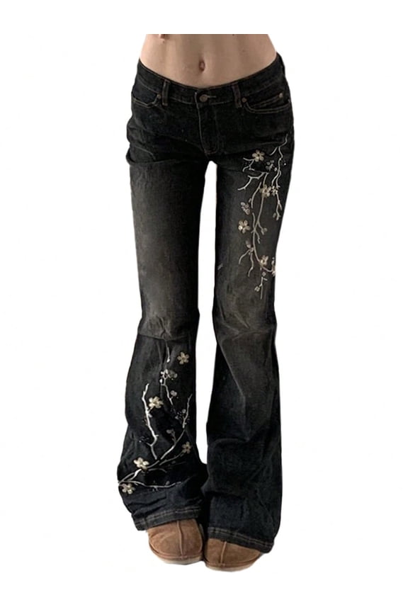 Women's Mid-Rise Stretchy Flare Bell Bottom Jeans Vintage 90s Y2K Floral Embroidery Denim Pants
