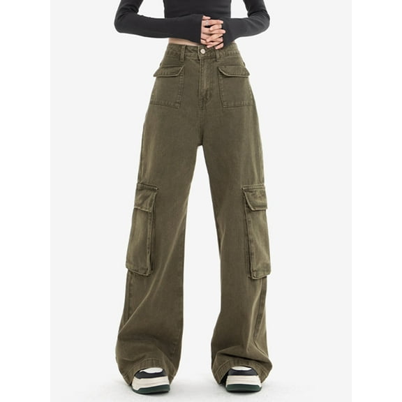 EMMIOL Women's Mid Waisted Wide Leg Cargo Jeans Y2K Vintage Boyfriend Denim Pants with Multi Pockets