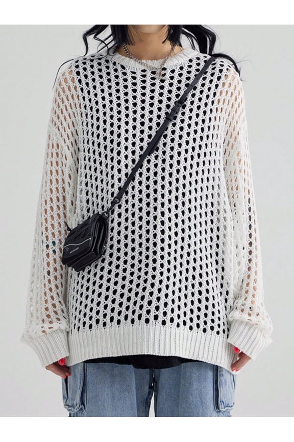 Women's Openwork Knit Sweater 2025 Fall Y2K Oversized Sheer Mesh Crewneck Long Sleeve Loose Pullover