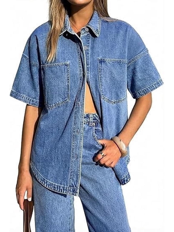 Women's Oversized Distressed Denim Shirt Long Sleeve Button Down Jean Jacket Fall Casual Outfits 2026