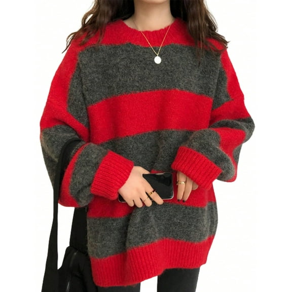 EMMIOL Women's Christmas Oversized Stripe Sweater 2025 Fall Y2K Trendy Crewneck Knit Top,Loose Fit Long Sleeve Pullover