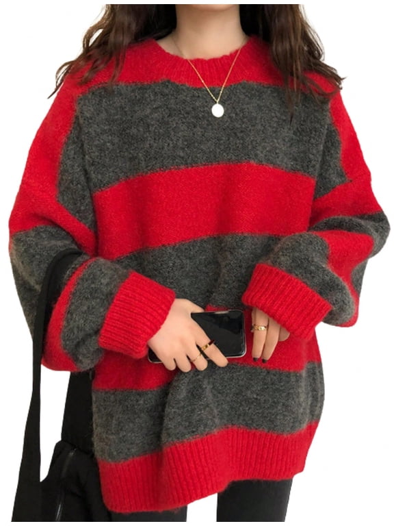 Women's Oversized Stripe Sweater 2026 Spring Y2K Trendy Crewneck Knit Top,Loose Fit Long Sleeve Pullover