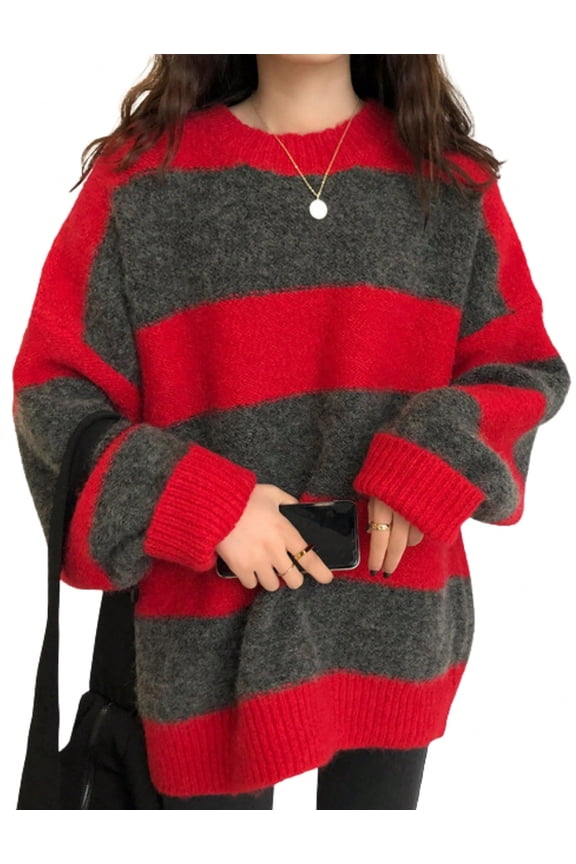 Women's Oversized Stripe Sweater 2026 Spring Y2K Trendy Crewneck Knit Top,Loose Fit Long Sleeve Pullover