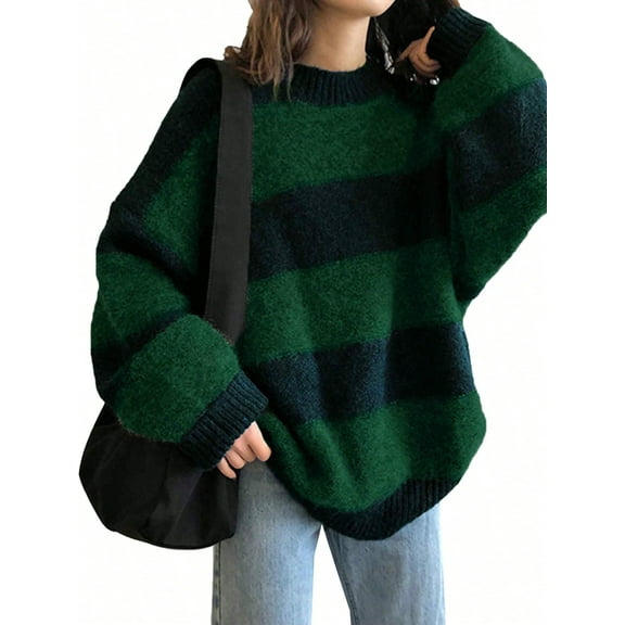 EMMIOL Women's Christmas Oversized Stripe Sweater 2025 Fall Y2K Trendy Crewneck Knit Top,Loose Fit Long Sleeve Pullover