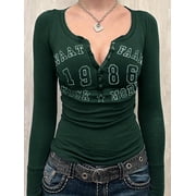 EMMIOL Women's Vintage Letter Graphic Long Sleeve Tops Y2K Slim Fit Henley Tops for Spring and Fall Casual Streetwear