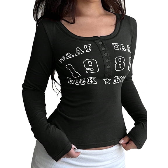 EMMIOL Women's Vintage Letter Graphic Long Sleeve Tops Y2K Slim Fit Henley Tops for Spring and Fall Casual Streetwear