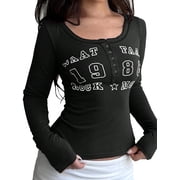 EMMIOL Womens Vintage Letter Graphic Long Sleeve Tops Y2K Slim Fit Henley Tops for Spring and Fall Casual Streetwear