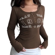 EMMIOL Womens Vintage Letter Graphic Long Sleeve Tops Y2K Slim Fit Henley Tops for Spring and Fall Casual Streetwear