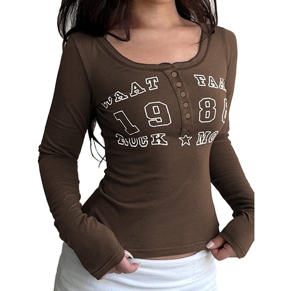 EMMIOL Women's Vintage Letter Graphic Long Sleeve Tops Y2K Slim Fit Henley Tops for Spring and Fall Casual Streetwear