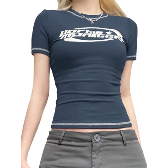 EMMIOL Women's Stitched Short Sleeve Logo Graphic Crop Tee for Summer,Casual Streetwear,Back to School