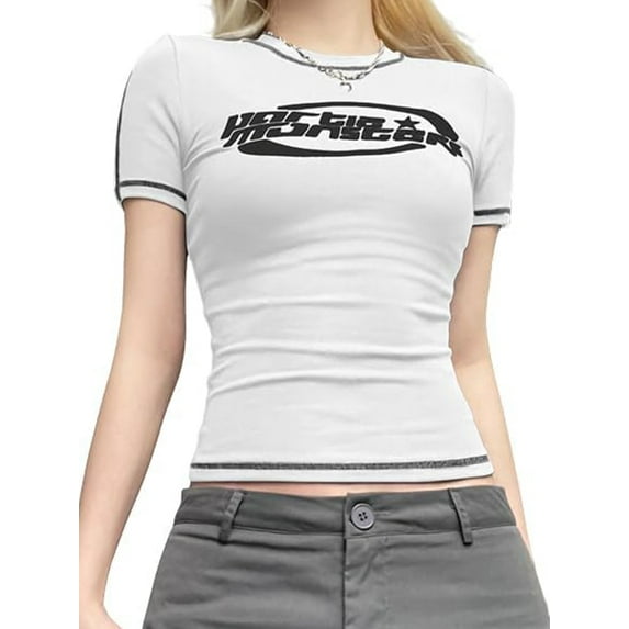 EMMIOL Women's Stitched Short Sleeve Logo Graphic Crop Tee for Summer,Casual Streetwear,Back to School