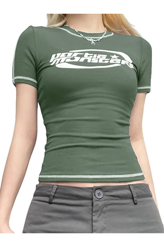 Women's Stitched Short Sleeve Logo Graphic Crop Tee for Summer,Casual Streetwear,Back to School
