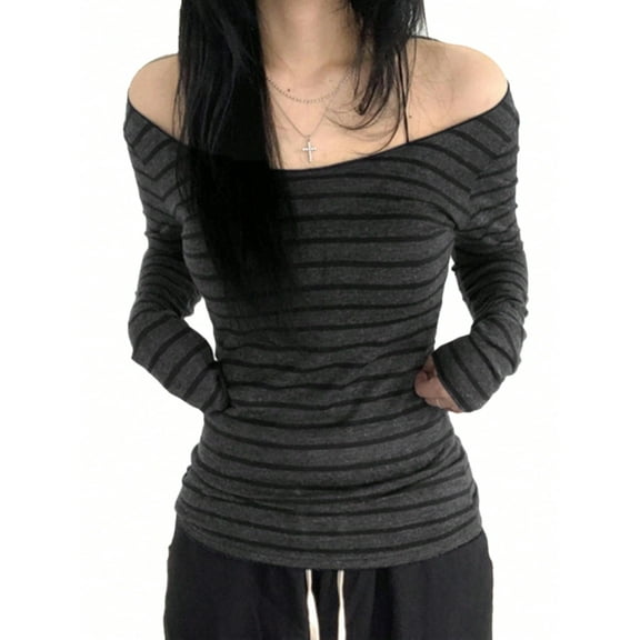 EMMIOL Women's Striped Off-Shoulder Long Sleeve Top Y2K Slim Fit Stretch Blouse, Fall & Spring Casual Shirt with Elastic Hem