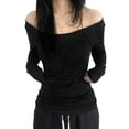 thumbnail image 1 of EMMIOL Women's Striped Off-Shoulder Long Sleeve Top Y2K Slim Fit Stretch Blouse, Fall & Spring Casual Shirt with Elastic Hem, 1 of 8