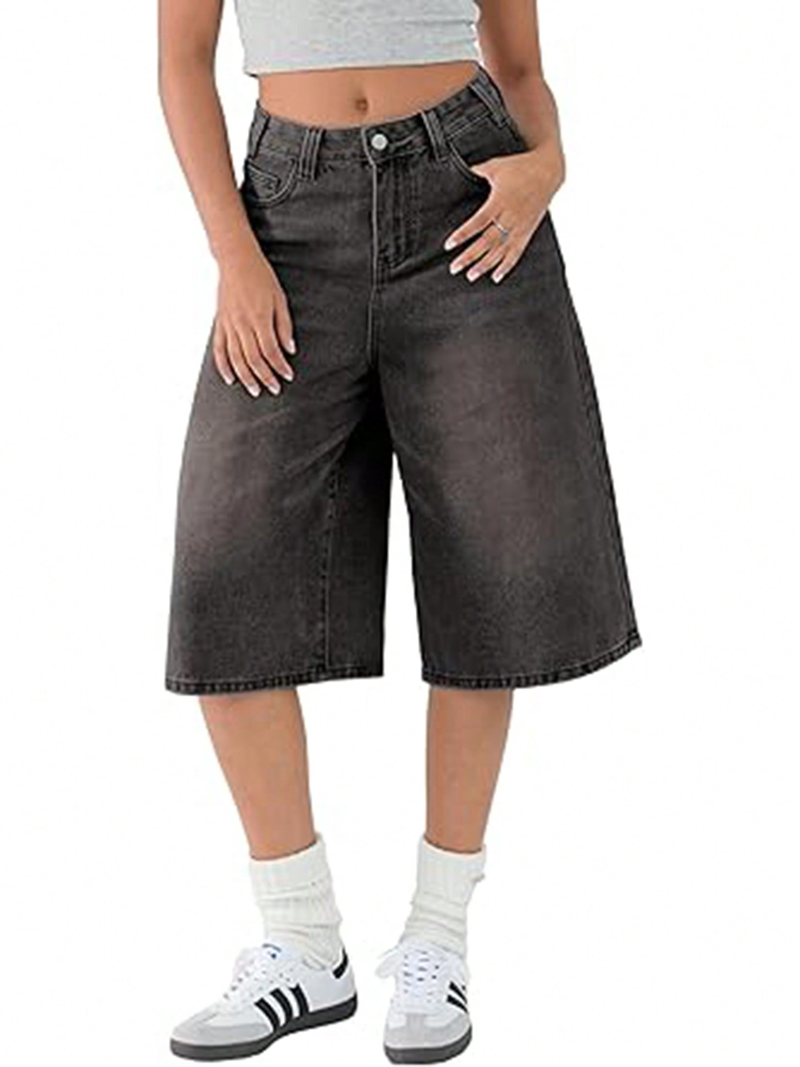 Women's Summer Trendy Baggy Denim Shorts Y2K Wide Leg Jean Jorts, Knee Length Loose Fit Jean Shorts