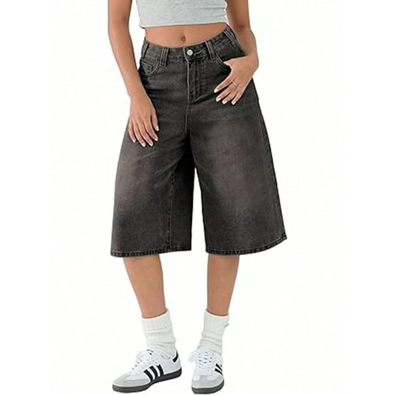 EMMIOL Women's Summer Trendy Baggy Denim Shorts Y2K Wide Leg Jean Jorts, Knee Length Loose Fit Jean Shorts
