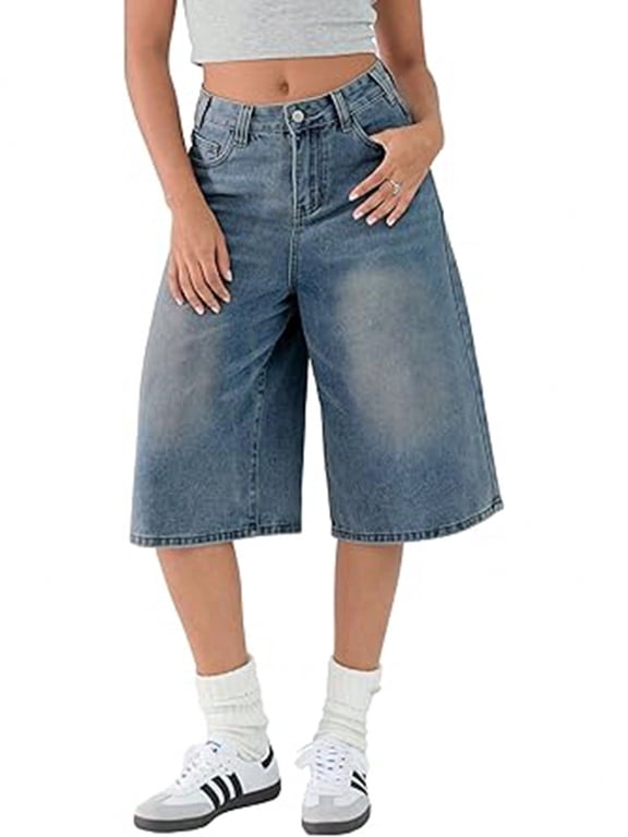 Women's Fall Trendy Baggy Denim Shorts Y2K Wide Leg Jean Jorts, Knee Length Loose Fit Jean Shorts