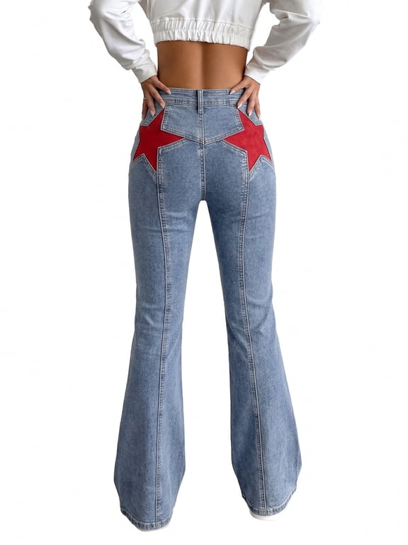 Women's Y2K High Waist Flare Jeans,Vintage American Red Star Print Distressed Stretch Bootcut Denim Pants,Retro 90s Bell Bottoms Suitable for Independence Day