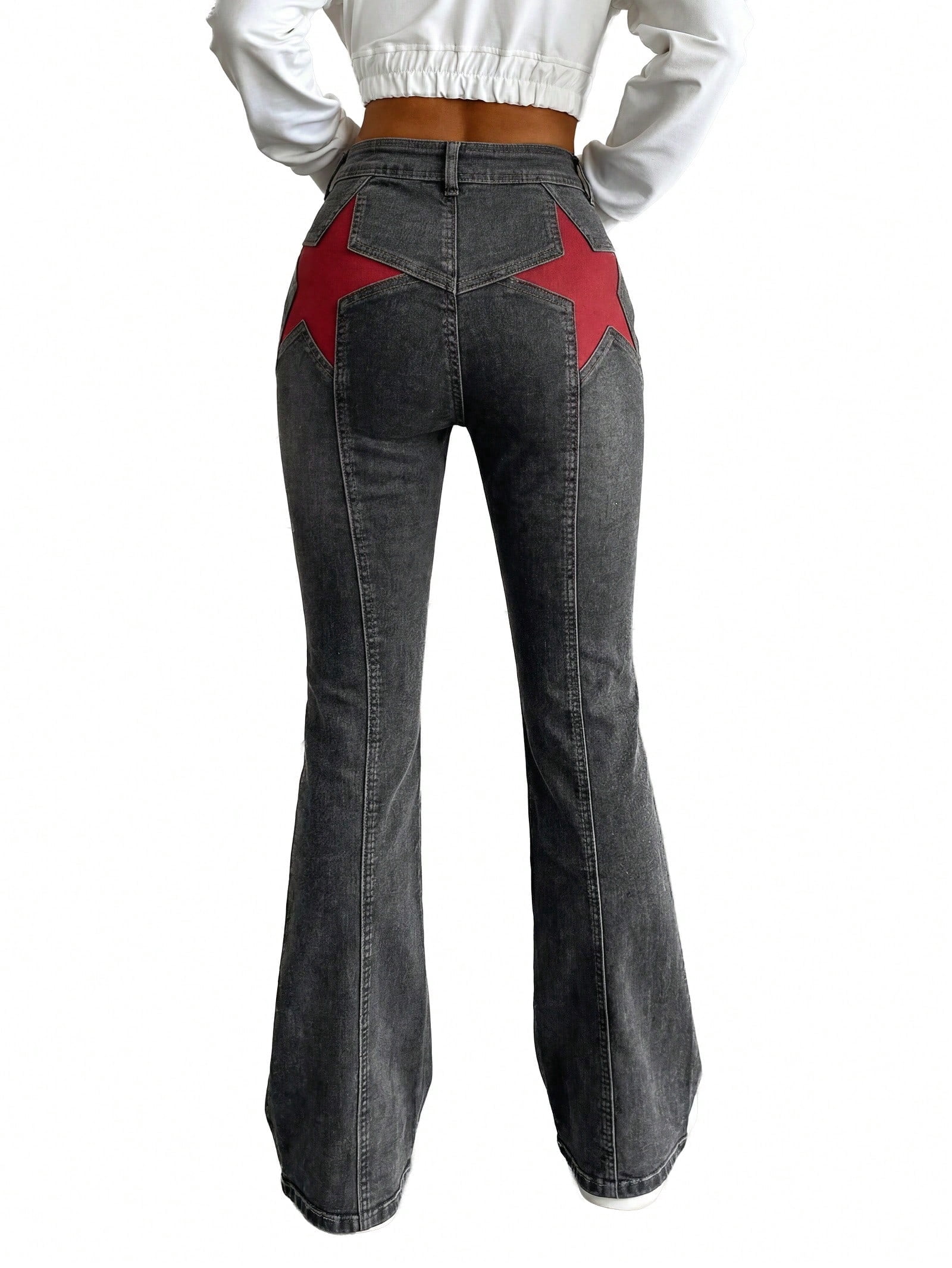 EMMIOL Women's Vintage Flare Jeans with Red Star Patches Y2K High Waist ...