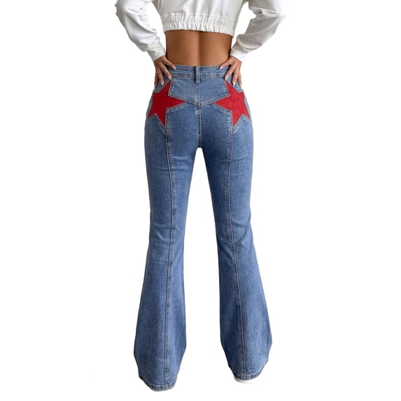 EMMIOL Women's Y2K High Waist Flare Jeans,Vintage American Red Star Print Distressed Stretch Bootcut Denim Pants,Retro 90s Bell Bottoms Suitable for Independence Day