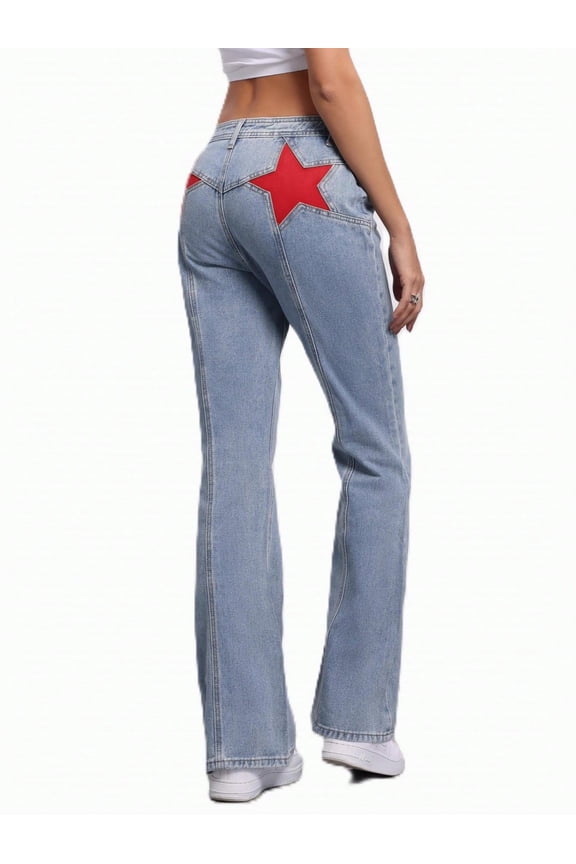Women's Vintage Flare Jeans with Red Star Patches Y2K High Waist Stretch Bootcut, Retro Distressed Denim Pants