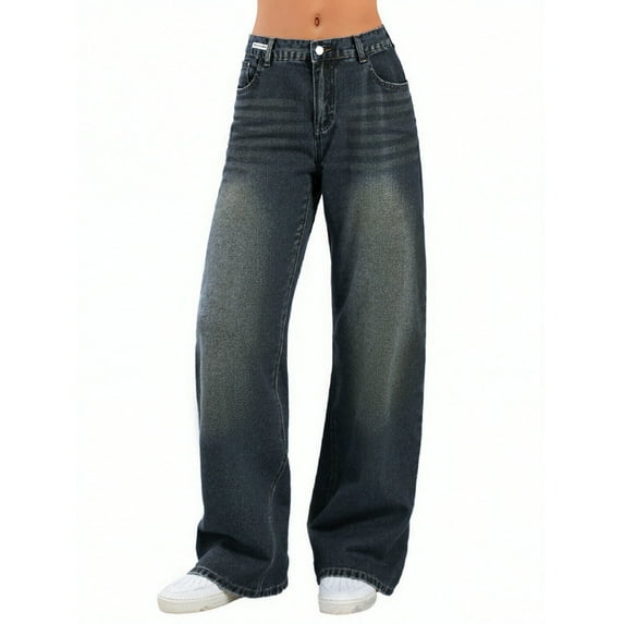 EMMIOL Women's Vintage Y2K Wide Leg Jeans 90s Baggy Boyfriend Style Denim Pants,Low Rise Loose Fit Jeans