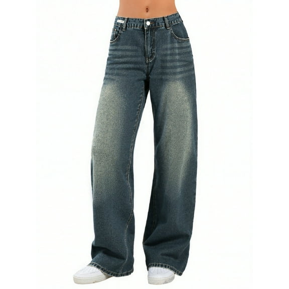 EMMIOL Women's Vintage Y2K Wide Leg Jeans 90s Baggy Boyfriend Style Denim Pants,Low Rise Loose Fit Jeans