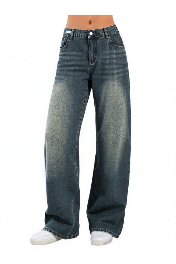 Women's Vintage Y2K Wide Leg Jeans 90s Baggy Boyfriend Style Denim Pants,Low Rise Loose Fit Jeans