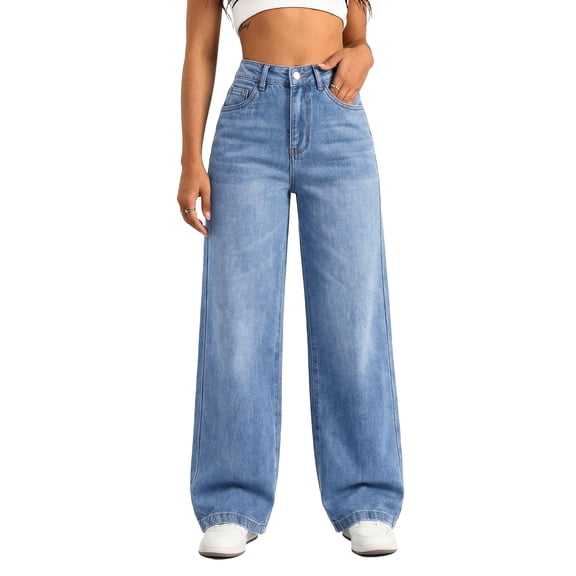 EMMIOL Women's Wide Leg Baggy Jeans Mid Rise Butt Lifting Stretchy Denim Pants Back Patchwork Boyfriend Jeans