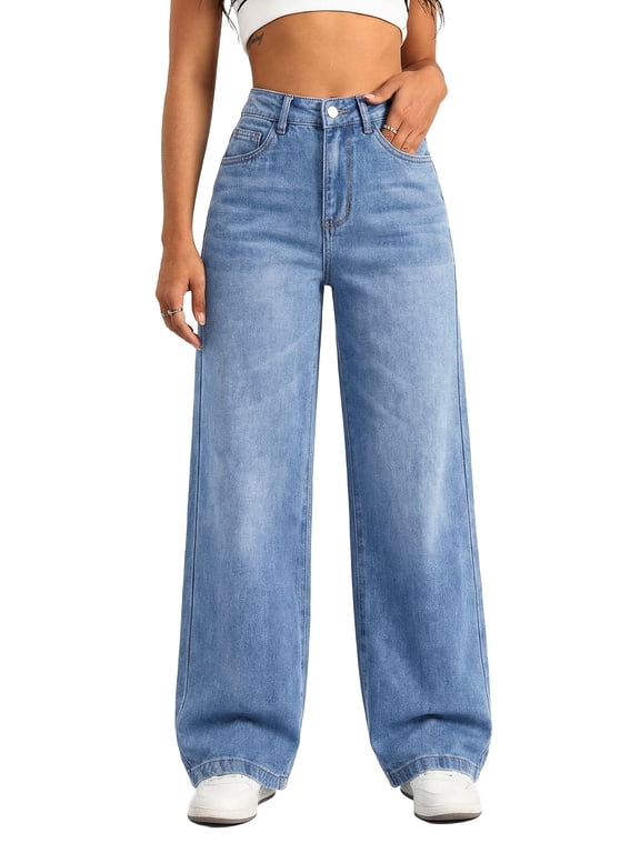 Women's Wide Leg Baggy Jeans Mid Rise Butt Lifting Stretchy Denim Pants Back Patchwork Boyfriend Jeans