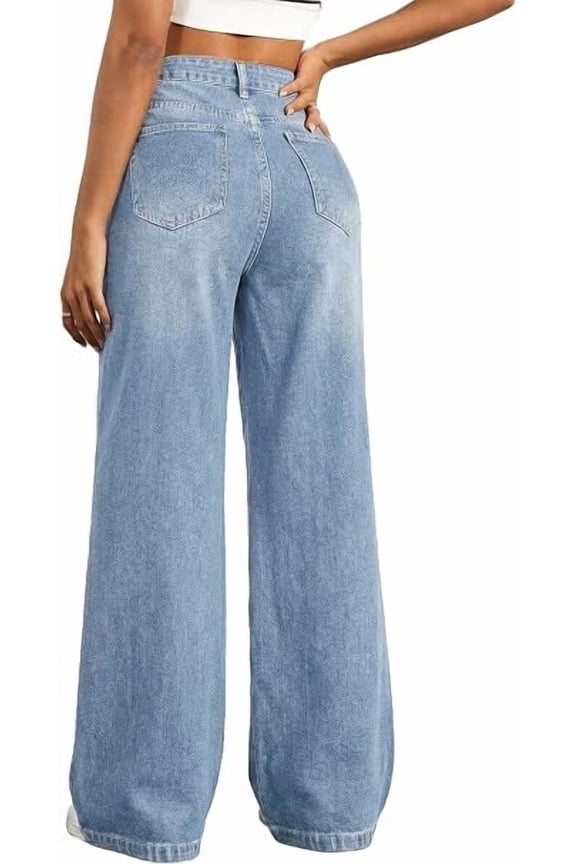 Women's Wide Leg Baggy Jeans Mid Rise Butt Lifting Stretchy Denim Pants Back Patchwork Boyfriend Jeans