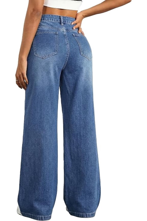 Women's Wide Leg Baggy Jeans Mid Rise Butt Lifting Stretchy Denim Pants Back Patchwork Boyfriend Jeans