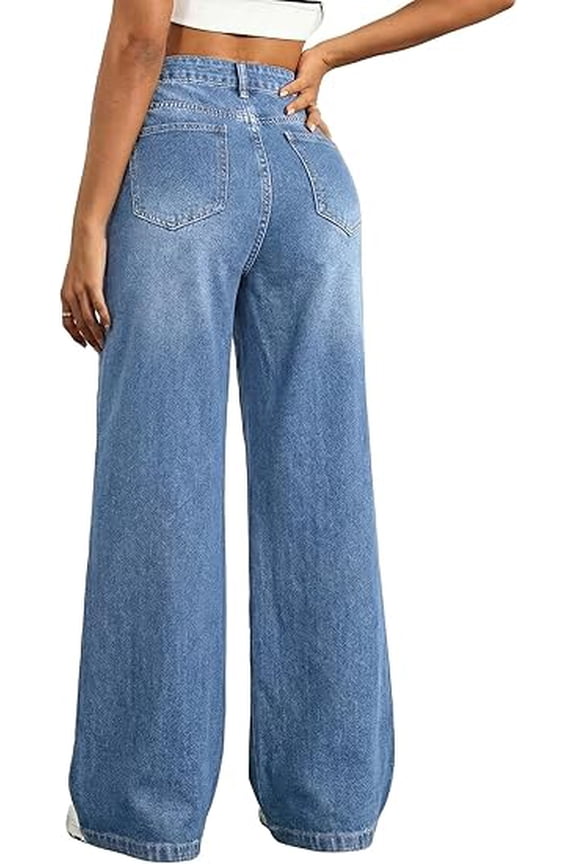 Women's Wide Leg Baggy Jeans Mid Rise Butt Lifting Stretchy Denim Pants Back Patchwork Boyfriend Jeans